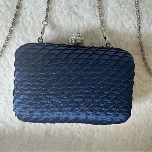 Navy Blue Satin Woven Clutch Evening Bag Rhinestone Clasp Chain Strap